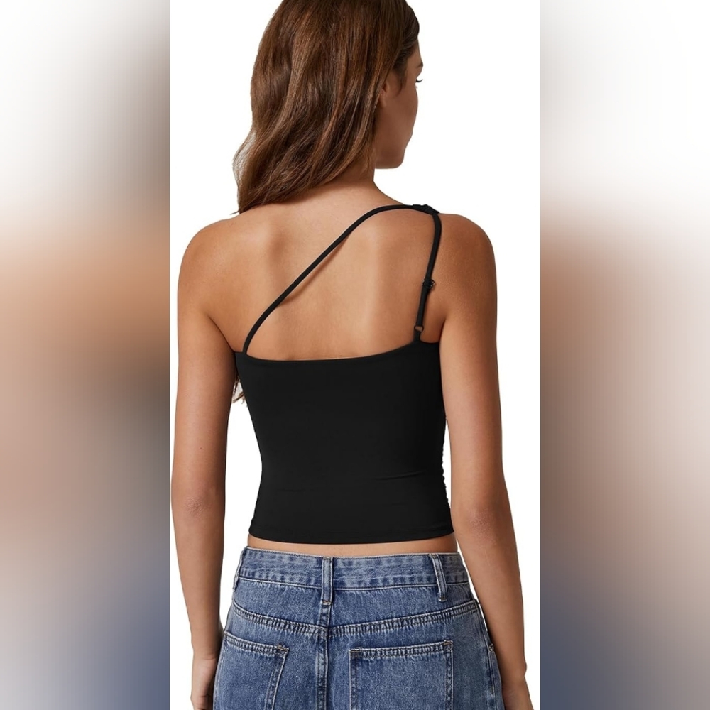 Nwt Qinsen Black One-Shoulder Slim Fit Crop Top Scrunch Sides Large - Picture 2 of 10